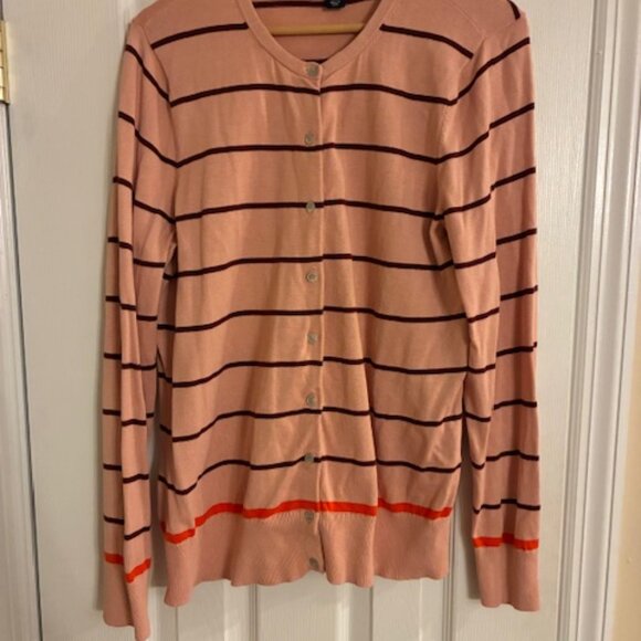 Lands End Women's Tall 100% Supima Cotton Peach Striped Cardigan Sweater Size LT - Picture 1 of 6